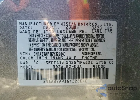 2016 Nissan Sentra S z USA, uszkodzony, nr VIN 3N1AB7AP1GY322040